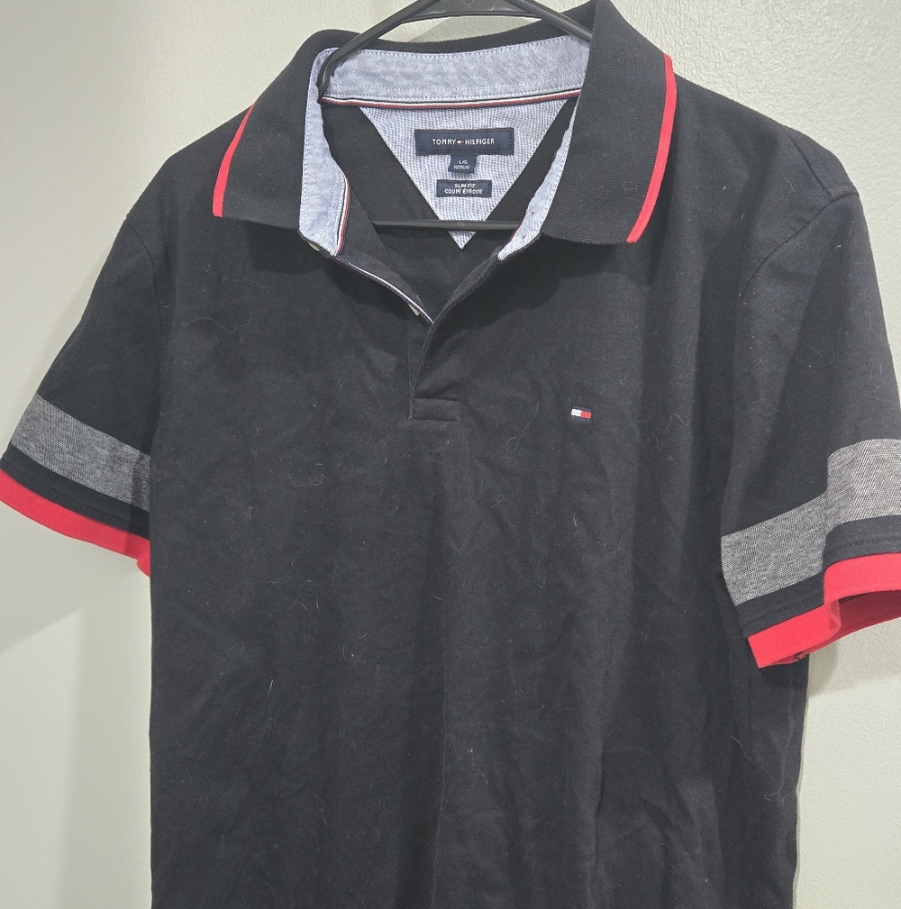 Tommy Hilfiger Black Polo with Red and Gray Details
